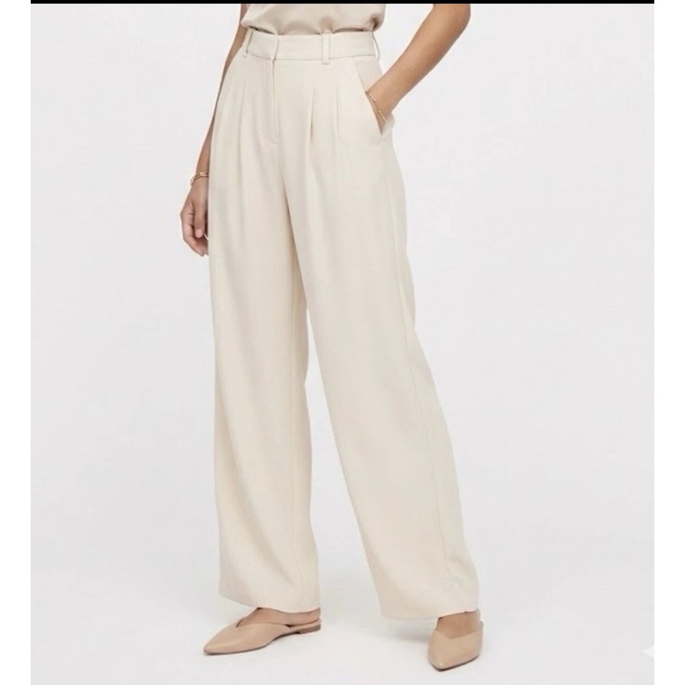 French Connection Cream Wide Leg Pleated Trousers‎ XL High Rise Elastic Back